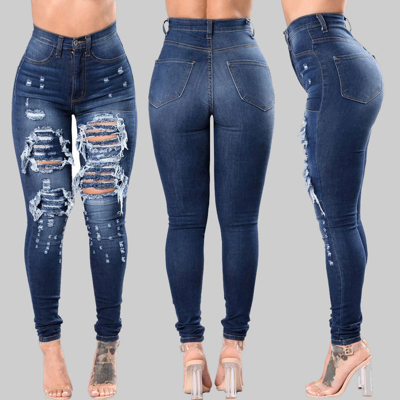 Skinny Hips Rasgado Denim Calças Senhoras Jeans Roupas Femininas