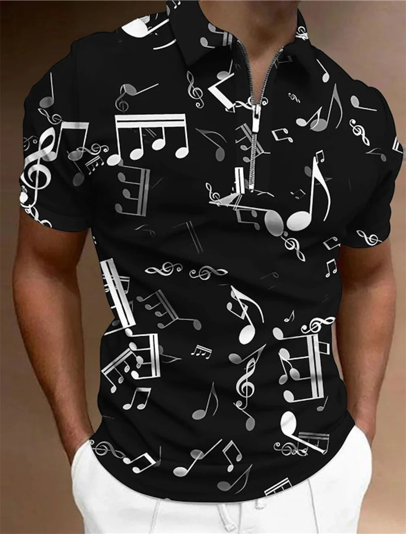 Camiseta masculina com zíper Polo Tops masculinos Golfe Estampas gráficas Notas musicais Manga curta leve Zíper Estampa Roupas Moda Casual