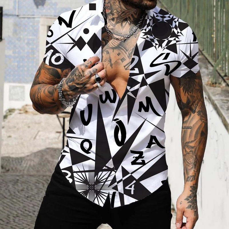 2022 Camisas Masculinas Lapela Tops Moda Masculina Camisa Havaiana Manga Curta Streetwear 3d Estampa Listrada Patchwork Roupas Masculinas Praia