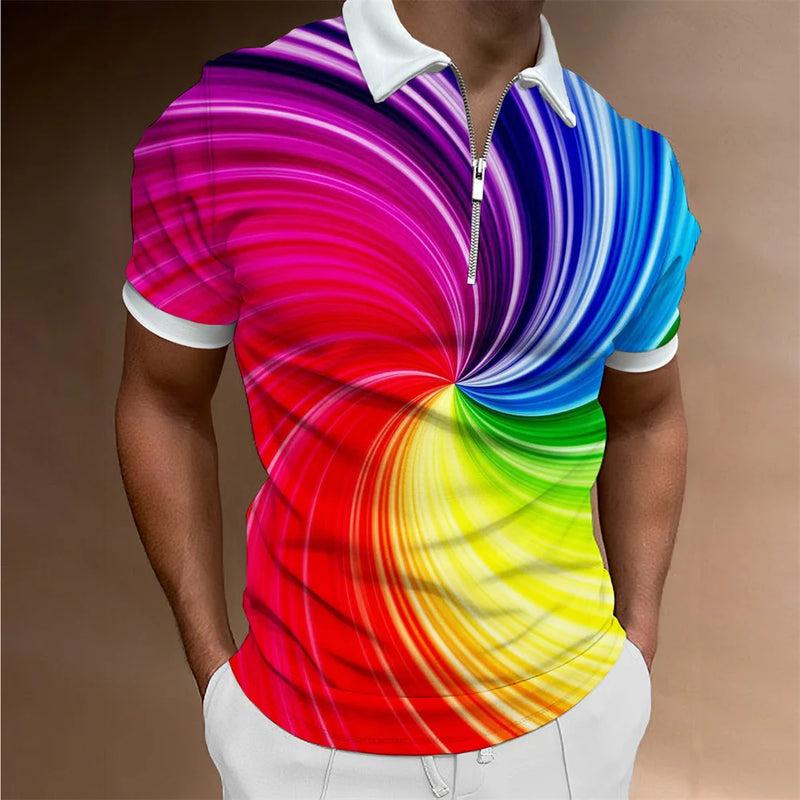 polo camisas casuais gola virada para baixo zíper golfe wear escada impressão manga curta camiseta masculina polos tops