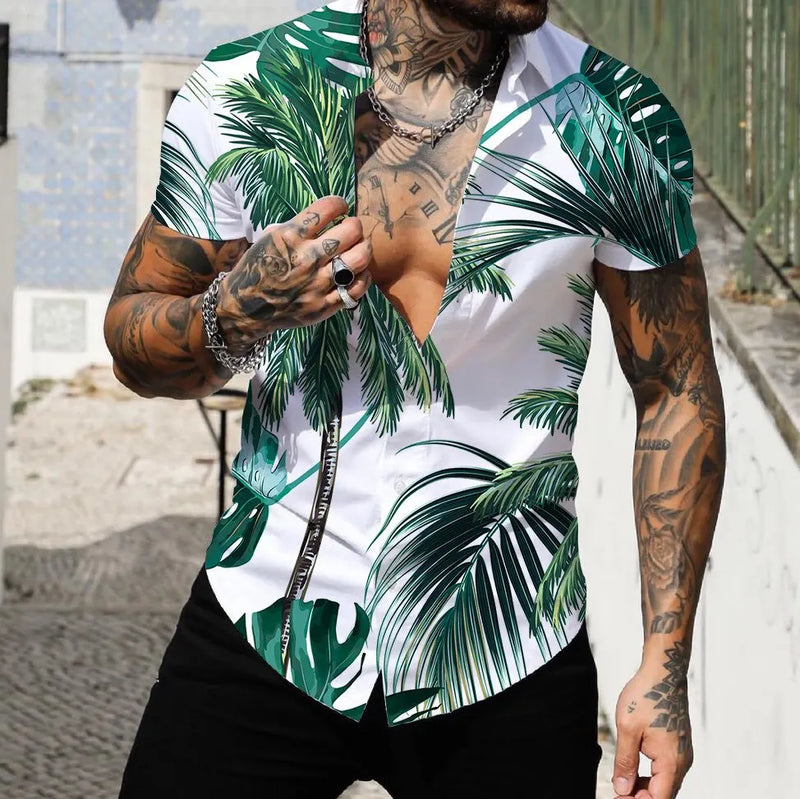 2022 Camisas Masculinas Lapela Tops Moda Masculina Camisa Havaiana Manga Curta Streetwear 3d Estampa Listrada Patchwork Roupas Masculinas Praia