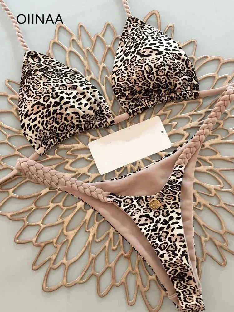 Conjunto de biquíni sexy feminino leopardo estampado listrado beachwear verão maiô duas peças tanga maiô biquinis