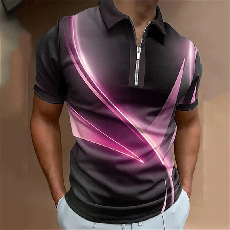 polo camisas casuais gola virada para baixo zíper golfe wear escada impressão manga curta camiseta masculina polos tops