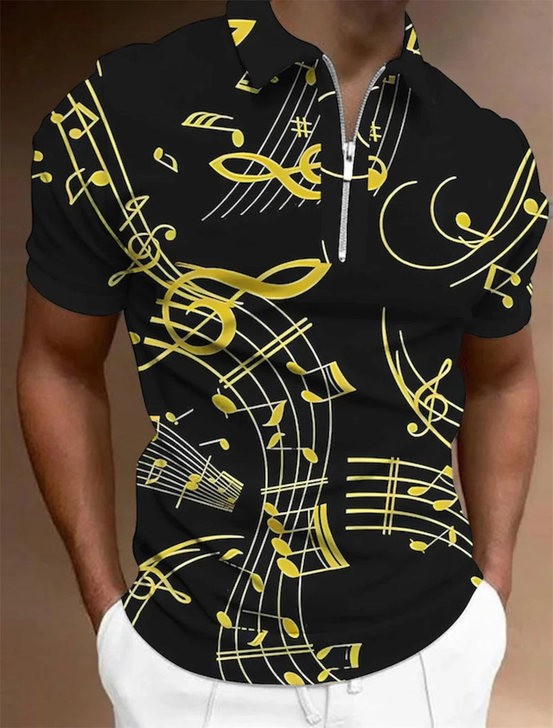 Camiseta masculina com zíper Polo Tops masculinos Golfe Estampas gráficas Notas musicais Manga curta leve Zíper Estampa Roupas Moda Casual