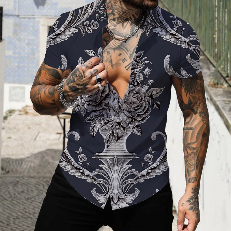 2022 Camisas Masculinas Lapela Tops Moda Masculina Camisa Havaiana Manga Curta Streetwear 3d Estampa Listrada Patchwork Roupas Masculinas Praia