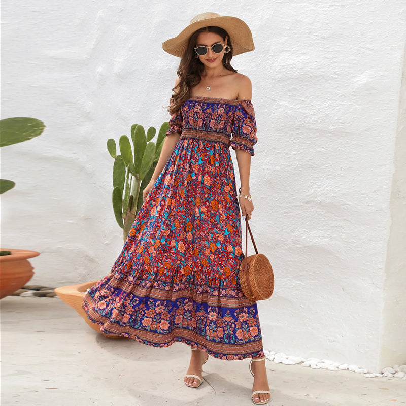 Vestido longo estampado floral boho feminino verão praia vestido de verão manga curta decote quadrado babados vestido plissado boêmio vestidos casuais