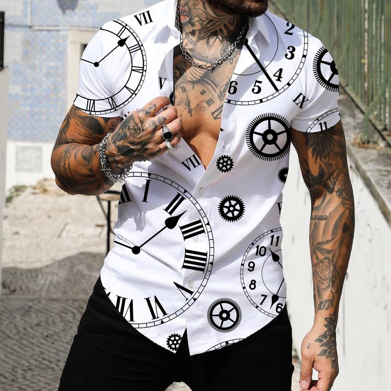 2022 Camisas Masculinas Lapela Tops Moda Masculina Camisa Havaiana Manga Curta Streetwear 3d Estampa Listrada Patchwork Roupas Masculinas Praia