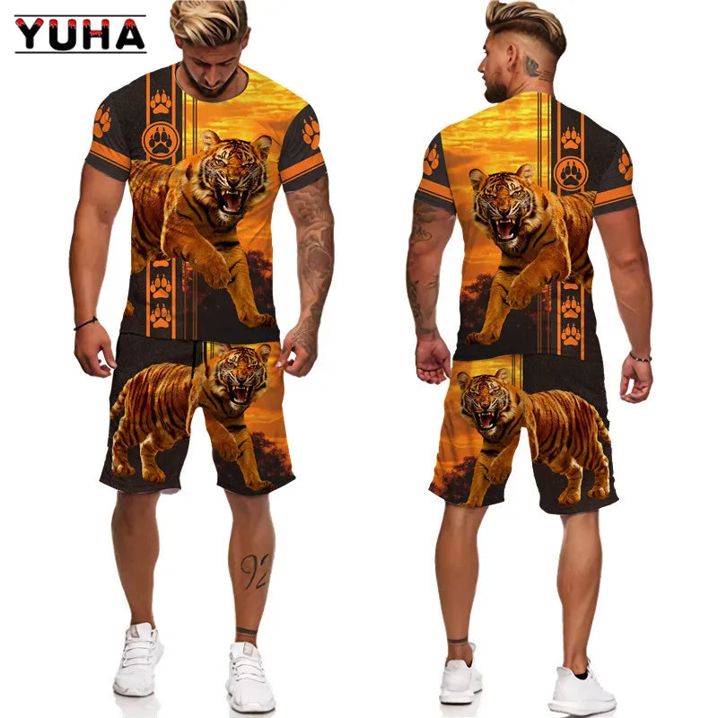 Camiseta Masculina + Shorts Terno Unissex Legal Animal Verão O-Neck Tops Homens/Mulheres Casal Esporte Usar Agasalho