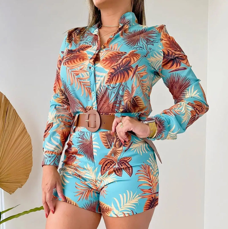 Conjuntos femininos de duas peças, roupa com estampa de folhas, camisa com botões e shorts, nova moda 2023, roupas femininas casuais de verão