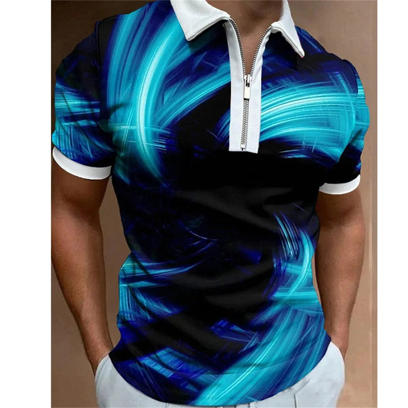 polo camisas casuais gola virada para baixo zíper golfe wear escada impressão manga curta camiseta masculina polos tops