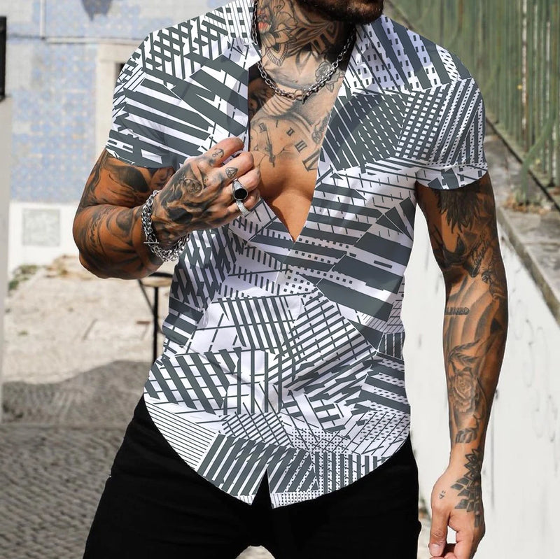 2022 Camisas Masculinas Lapela Tops Moda Masculina Camisa Havaiana Manga Curta Streetwear 3d Estampa Listrada Patchwork Roupas Masculinas Praia