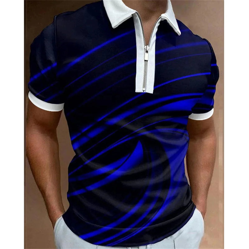 polo camisas casuais gola virada para baixo zíper golfe wear escada impressão manga curta camiseta masculina polos tops