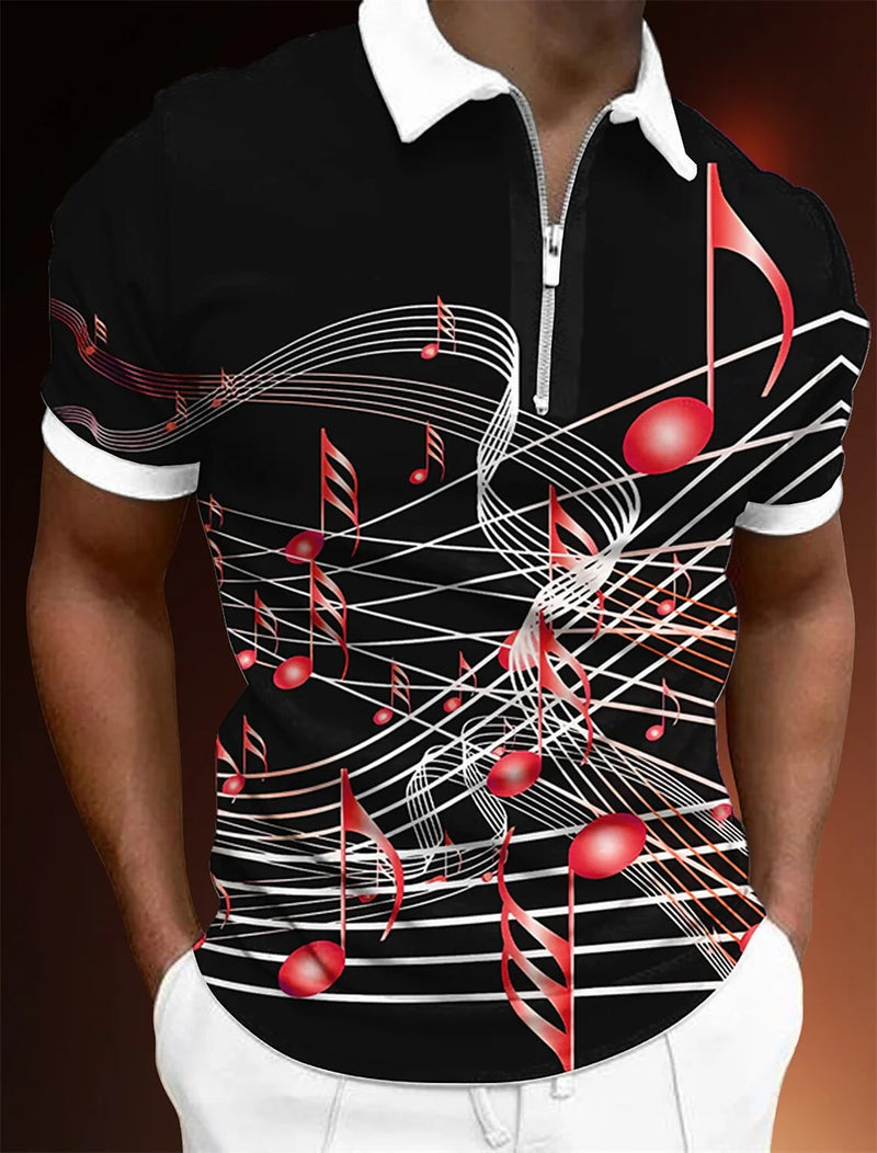 Camiseta masculina com zíper Polo Tops masculinos Golfe Estampas gráficas Notas musicais Manga curta leve Zíper Estampa Roupas Moda Casual