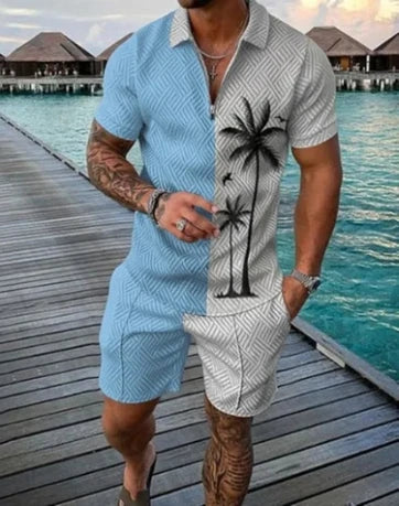 Verão Novos Homens Tracksuit 3D Impressão Manga Curta Zíper Polo Camisa Shorts Conjunto para Homens Casual Streetwear 2 peças Terno