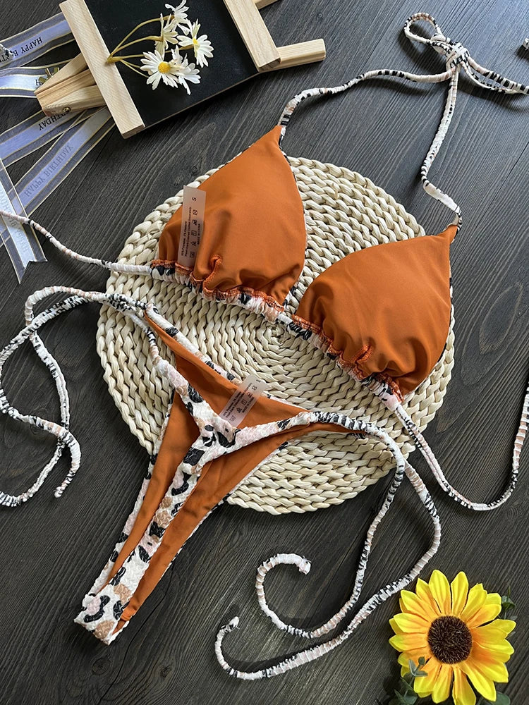 Conjunto de biquíni sexy feminino leopardo estampado listrado beachwear verão maiô duas peças tanga maiô biquinis