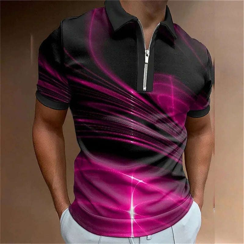 polo camisas casuais gola virada para baixo zíper golfe wear escada impressão manga curta camiseta masculina polos tops