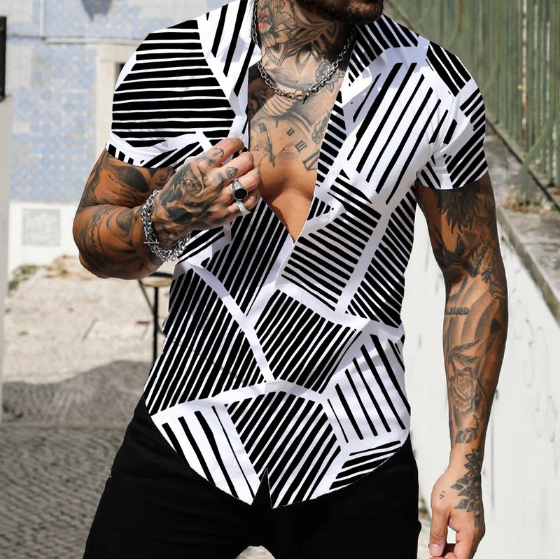 2022 Camisas Masculinas Lapela Tops Moda Masculina Camisa Havaiana Manga Curta Streetwear 3d Estampa Listrada Patchwork Roupas Masculinas Praia