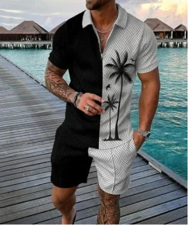 Verão Novos Homens Tracksuit 3D Impressão Manga Curta Zíper Polo Camisa Shorts Conjunto para Homens Casual Streetwear 2 peças Terno