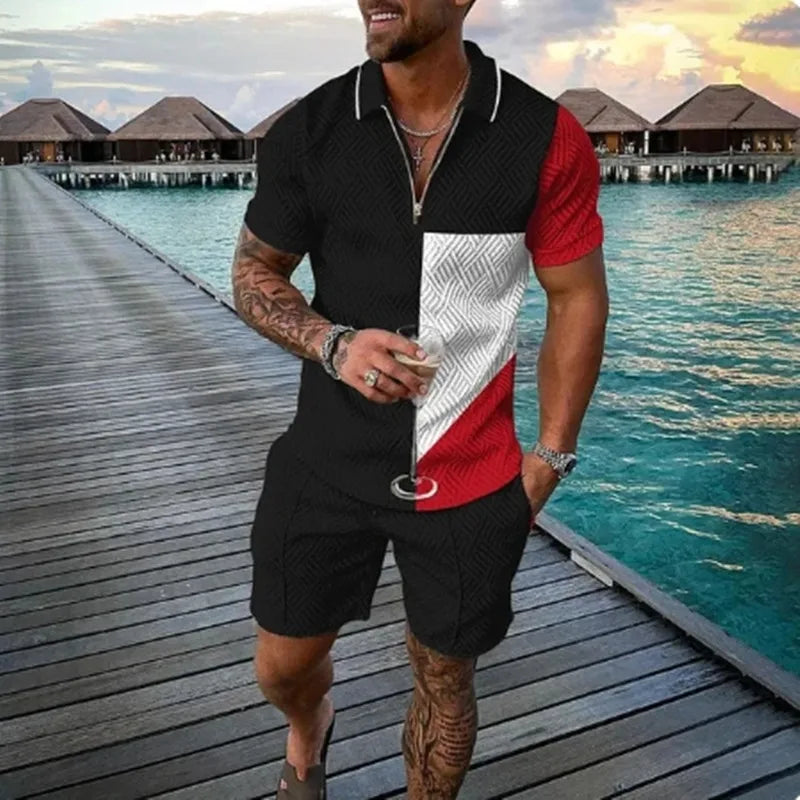 Verão Novos Homens Tracksuit 3D Impressão Manga Curta Zíper Polo Camisa Shorts Conjunto para Homens Casual Streetwear 2 peças Terno