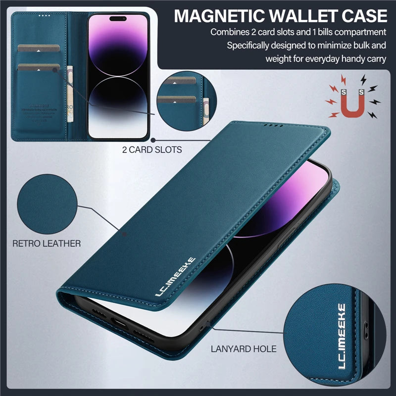 Flip Leather Wallet Mobile Phone Protective Case for iPhone 16 Pro Max 15 14 13 Mini 12 11 8 7 Plus SE4 Magnetic Case Cover