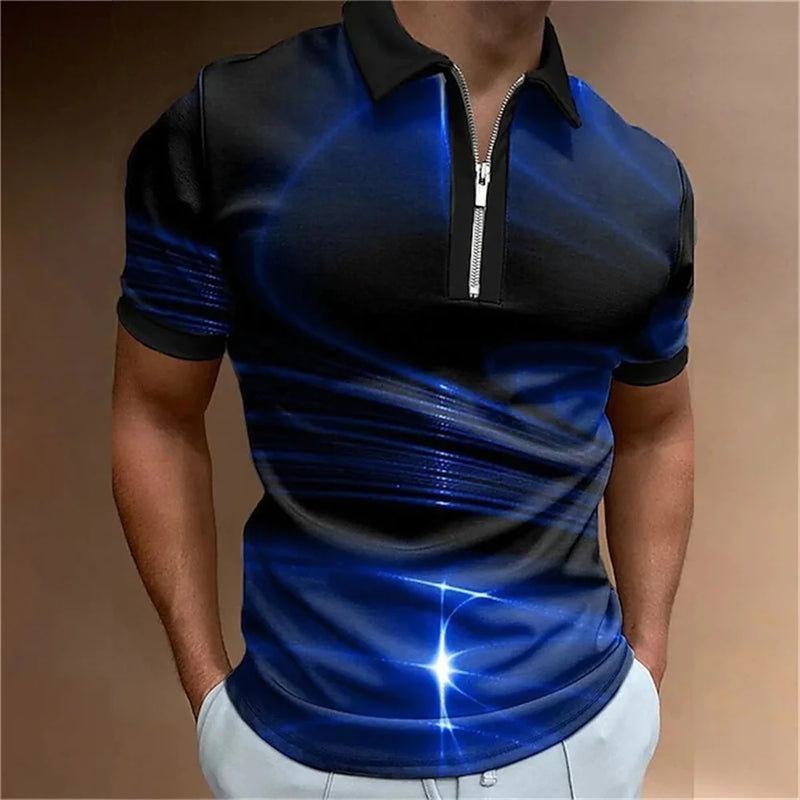 polo camisas casuais gola virada para baixo zíper golfe wear escada impressão manga curta camiseta masculina polos tops