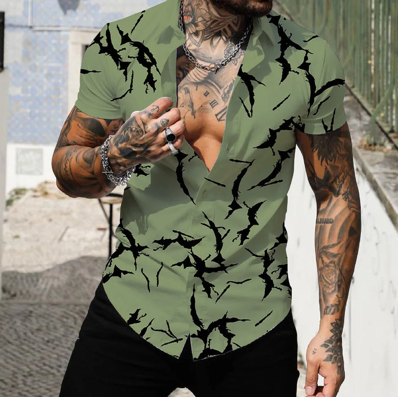 2022 Camisas Masculinas Lapela Tops Moda Masculina Camisa Havaiana Manga Curta Streetwear 3d Estampa Listrada Patchwork Roupas Masculinas Praia